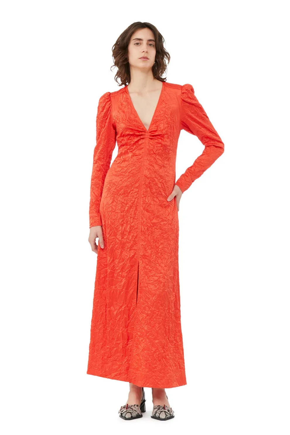 Ganni - Crinkled Satin Long Dress