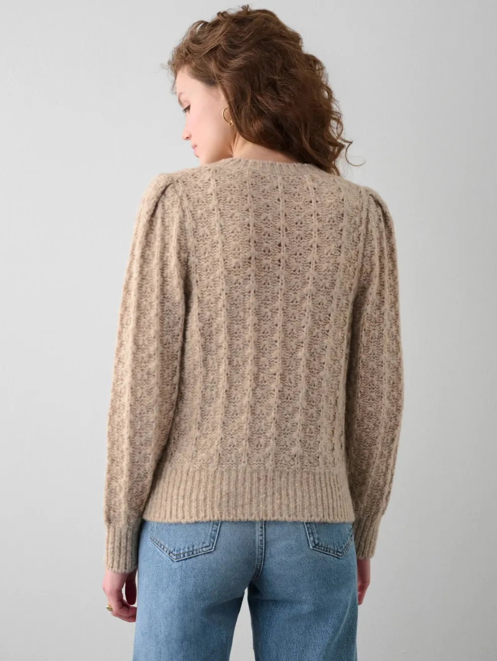White+Warren - Plush alpaca blend pointelle puff sleeve crewneck