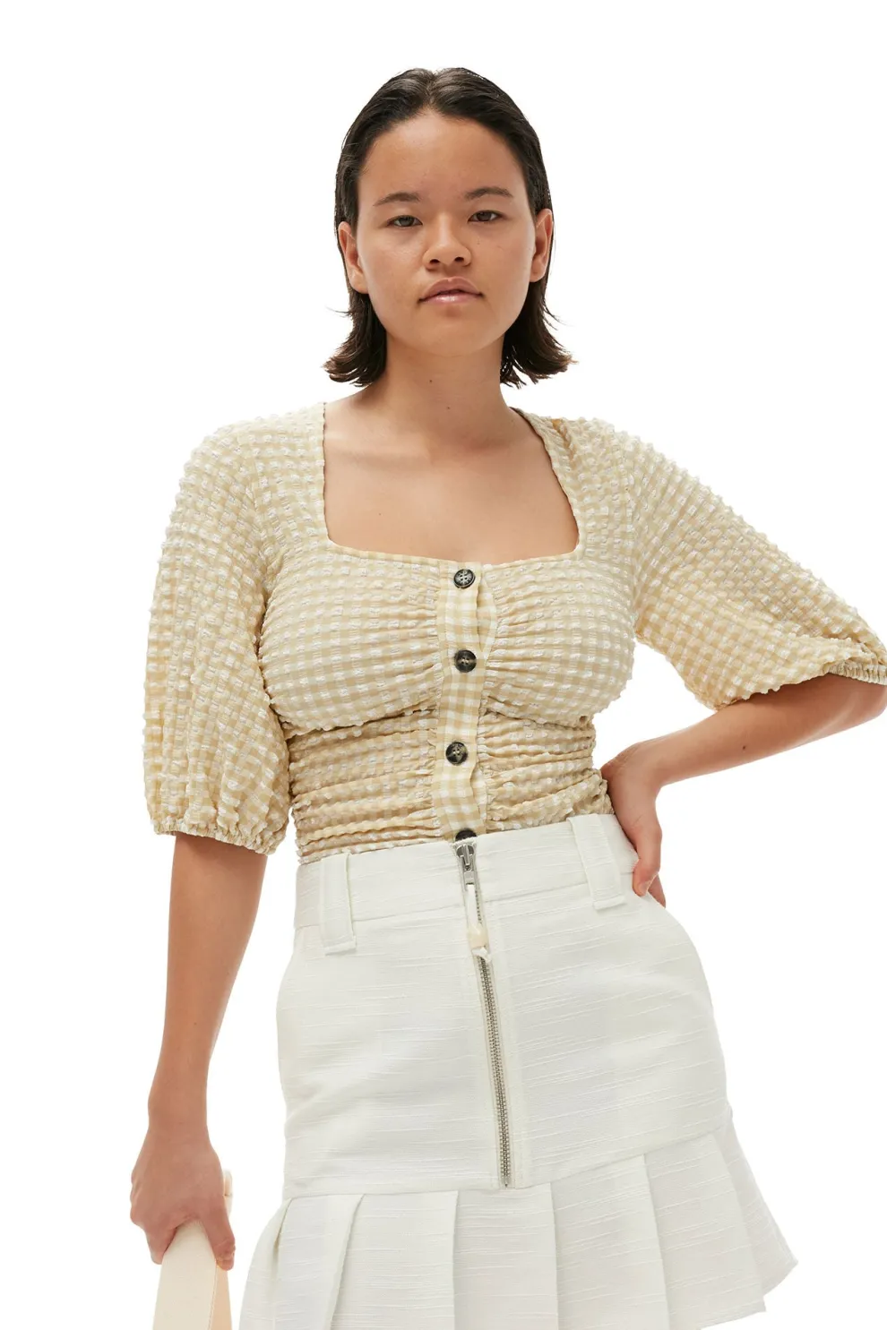 Ganni - Stretch Seersucker Gathered Blouse