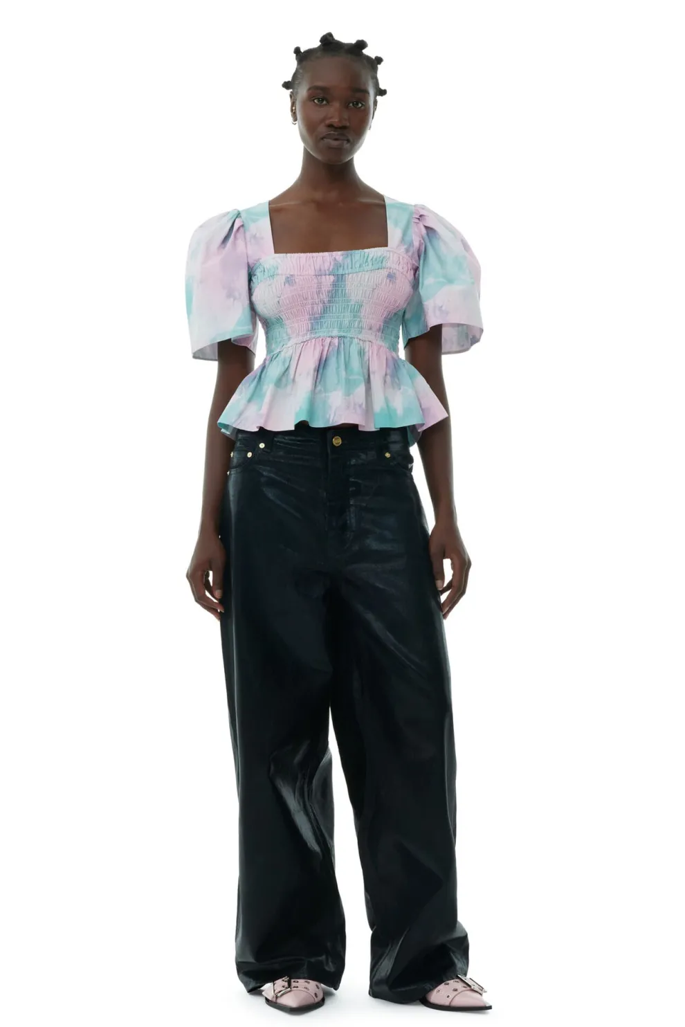 Ganni - Printed Cotton Open-Neck Smock Blouse