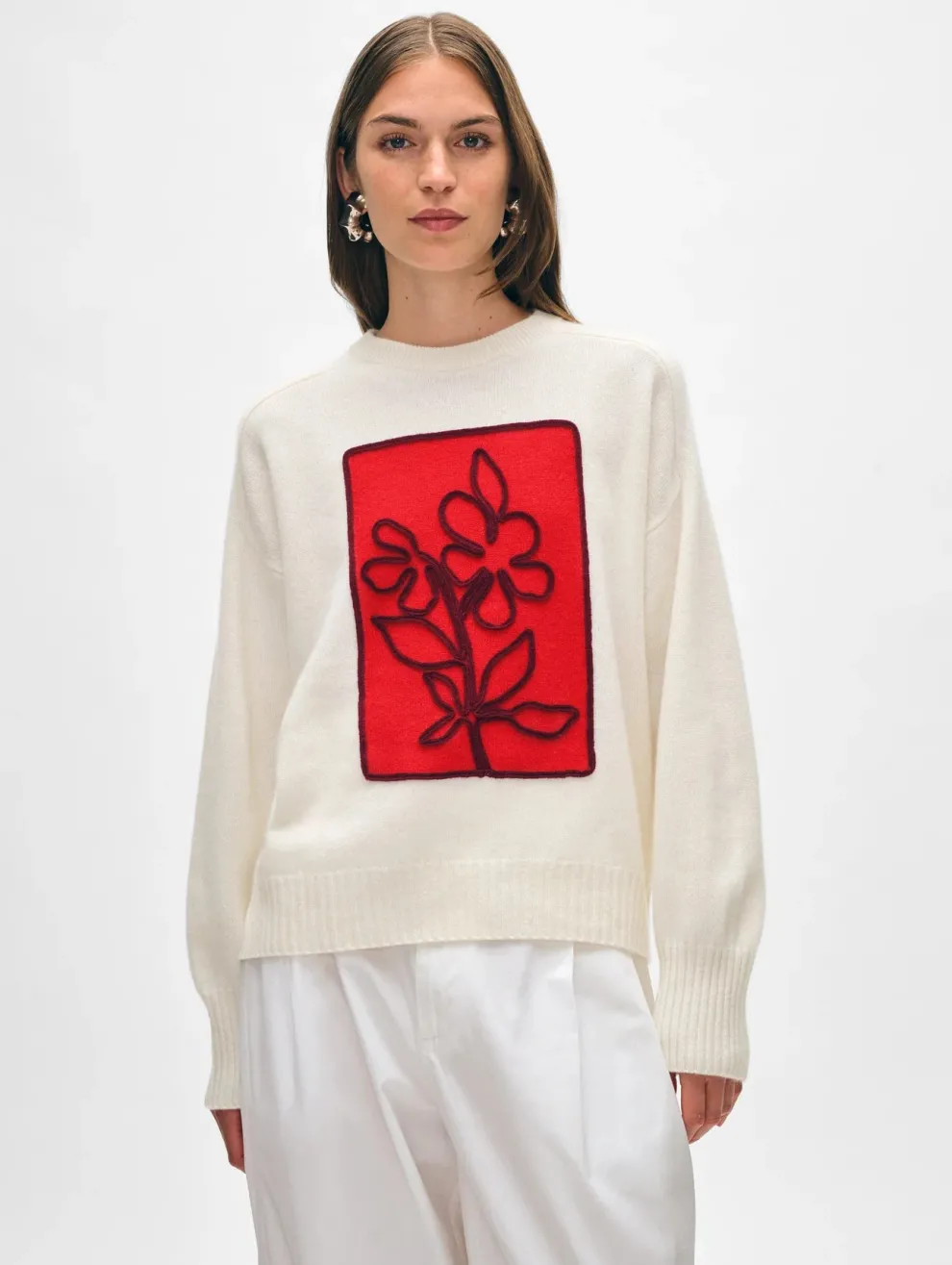White + Warren - Cashmere Floral Applique Crewneck